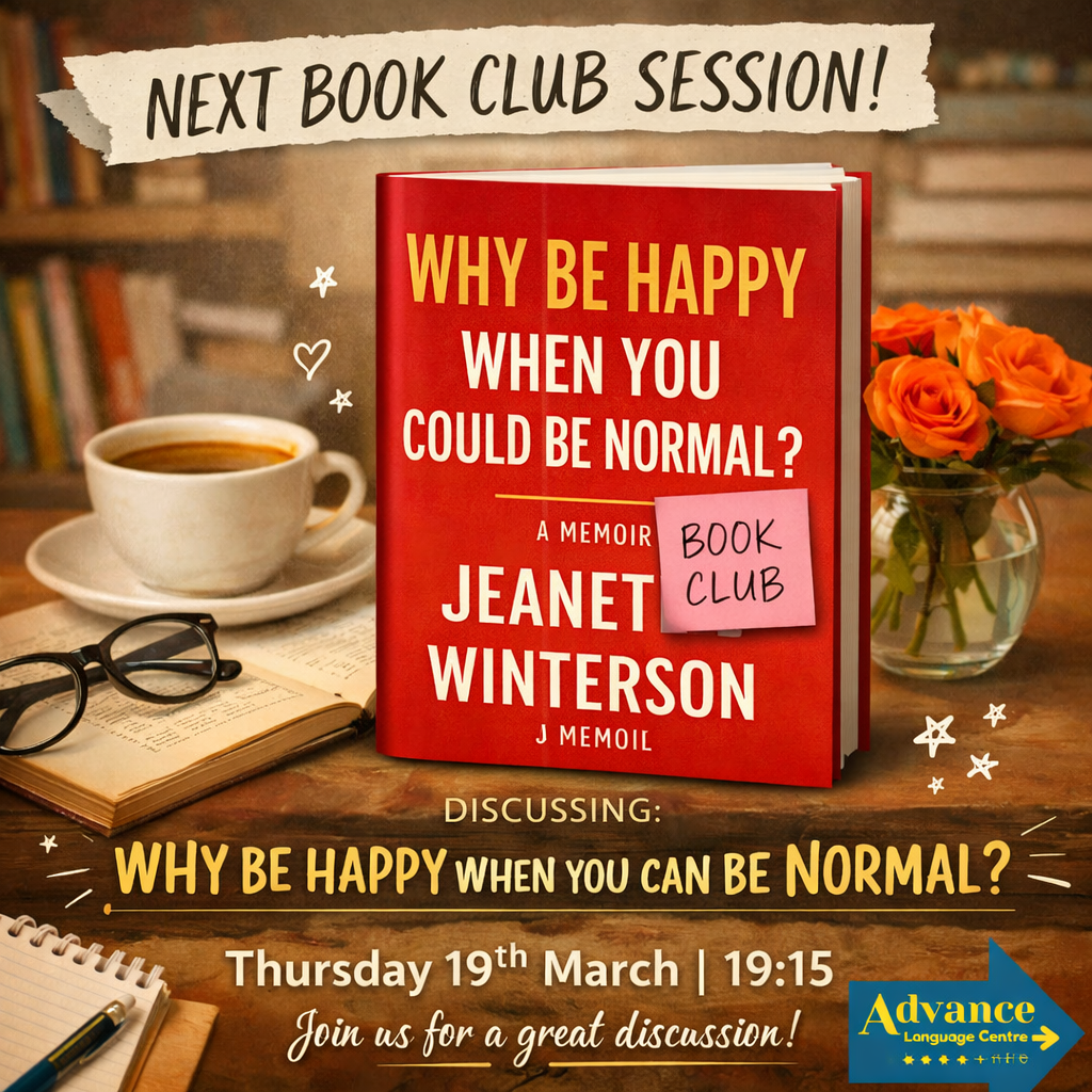 Anuncio de club de lectura con el libro Why Be Happy When You Could Be Normal? de Jeanette Winterson, con café y libros de fondo